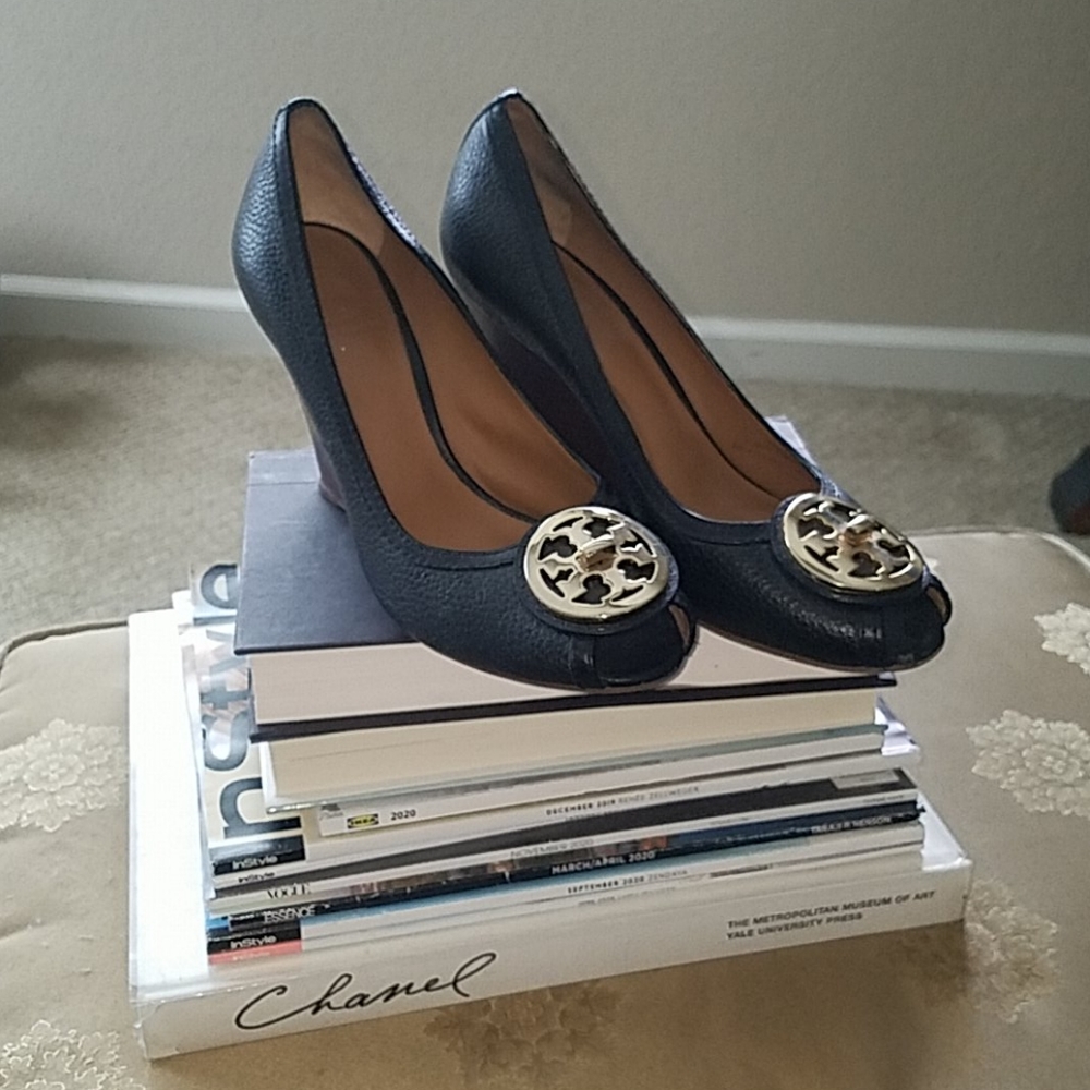 Tory Burch Leather Open Toe Logo Wedge